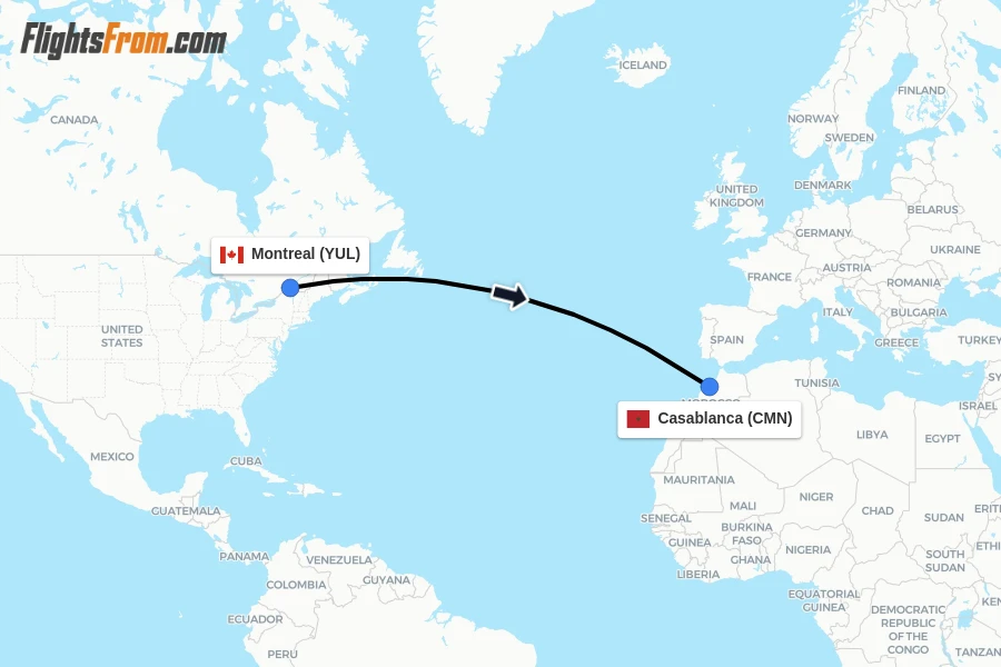 Flights from Montreal to Casablanca route map