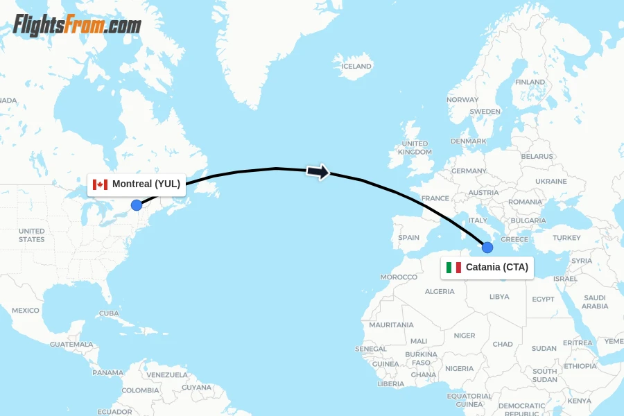 Flights from Montreal to Catania route map
