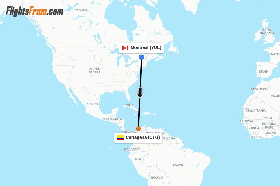 Flights from Montreal to Cartagena route map