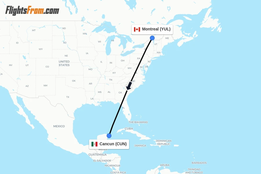 Flights from Montreal to Cancun route map
