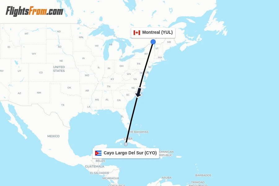 Flights from Montreal to Cayo Largo Del Sur route map