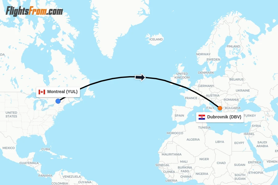 Flights from Montreal to Dubrovnik route map