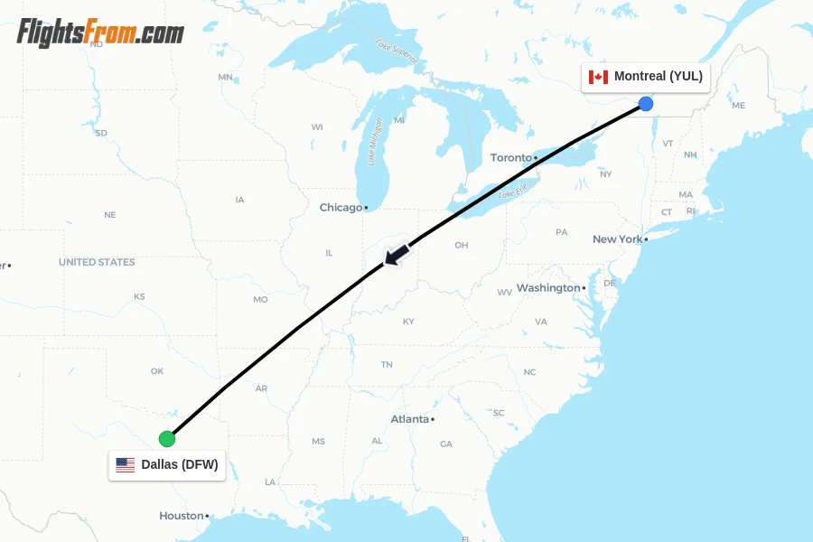 Flights from Montreal to Dallas route map
