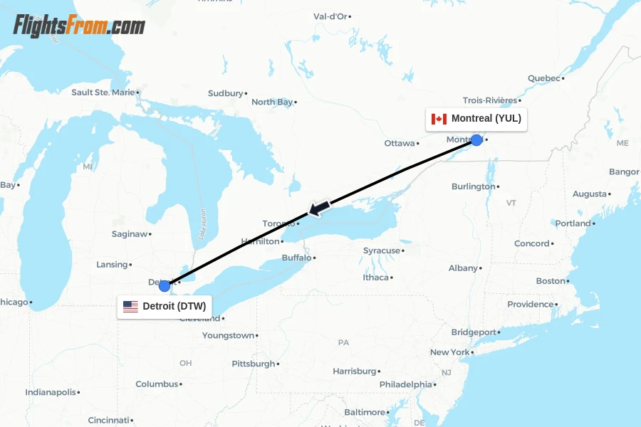 Flights from Montreal to Detroit route map
