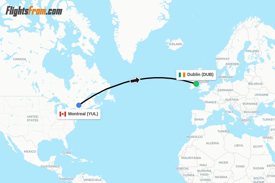 Flights from Montreal to Dublin route map