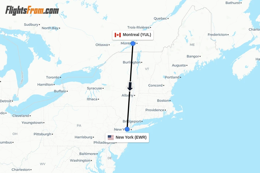 Flights from Montreal to New York route map