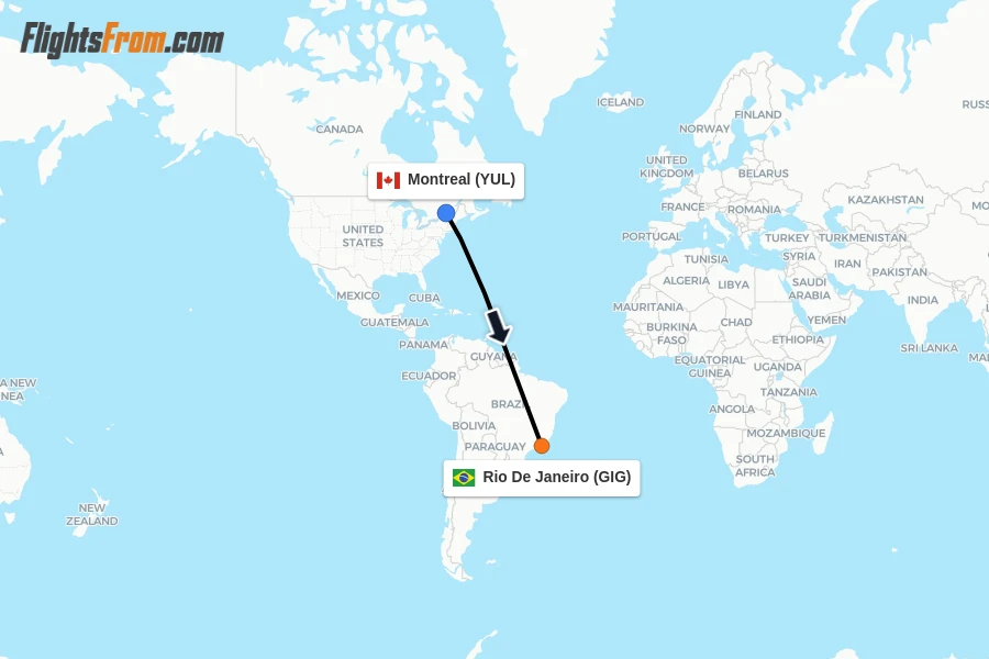 Flights from Montreal to Rio De Janeiro route map