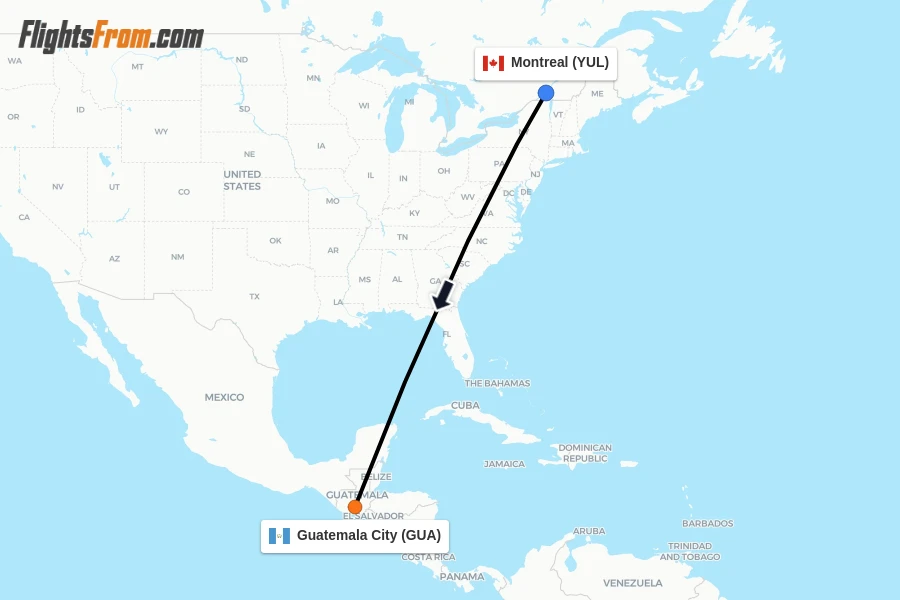 Flights from Montreal to Guatemala City route map
