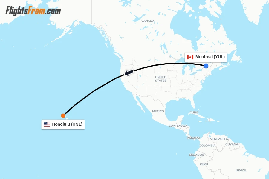 Flights from Montreal to Honolulu route map