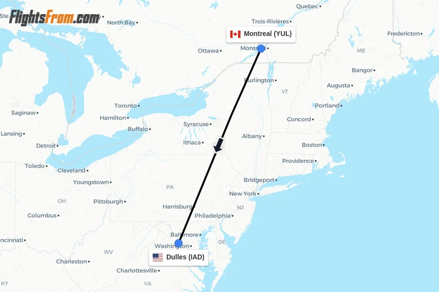 Flights from Montreal to Dulles route map