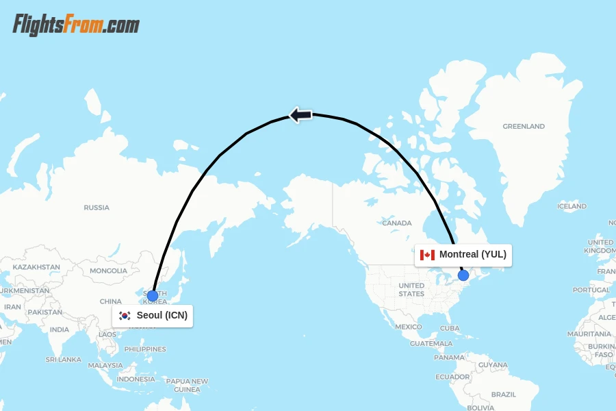 Flights from Montreal to Seoul route map