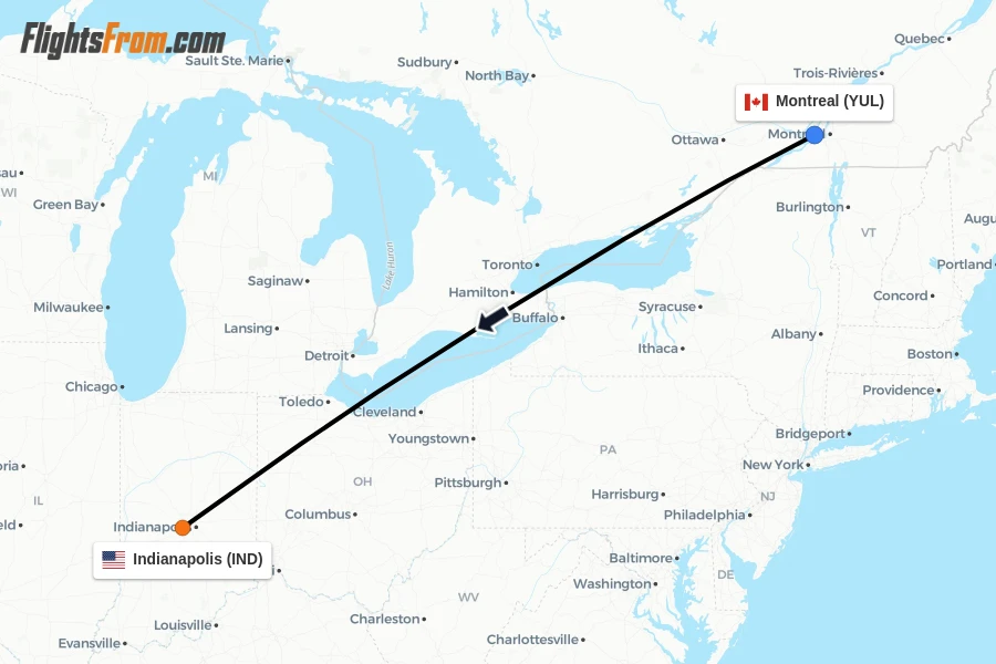 Flights from Montreal to Indianapolis route map