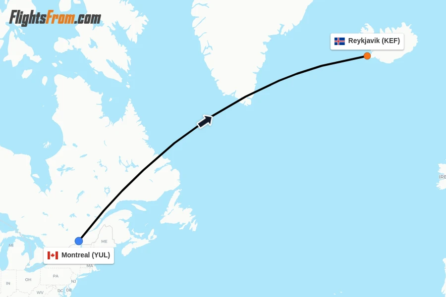 Flights from Montreal to Reykjavik route map