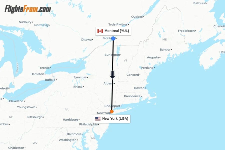 Flights from Montreal to New York route map