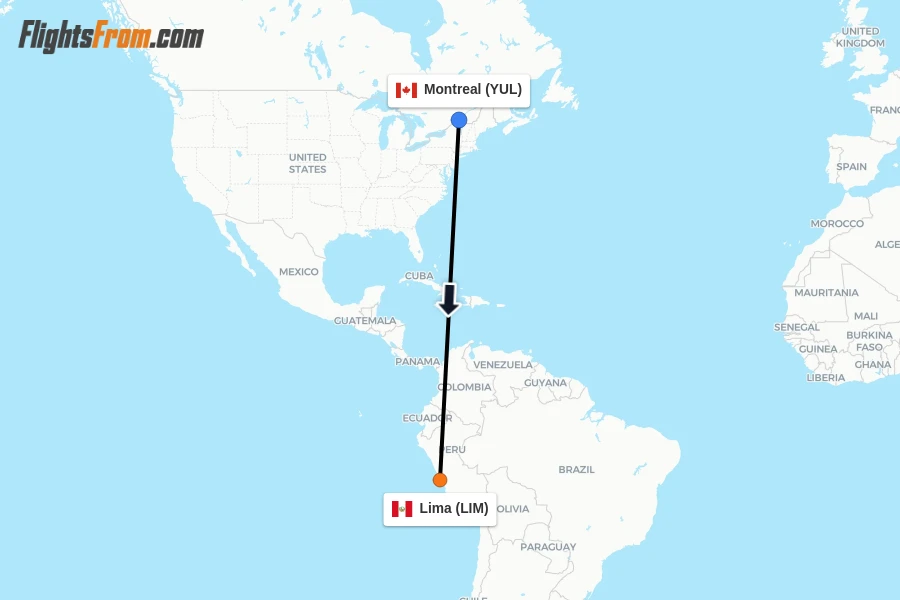 Flights from Montreal to Lima route map