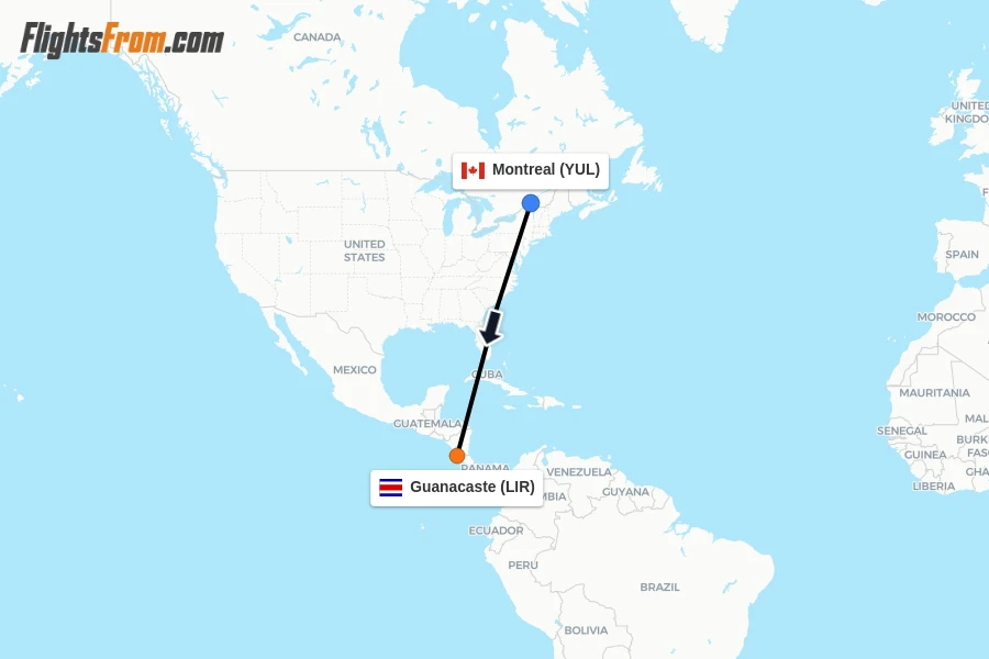 Flights from Montreal to Guanacaste route map
