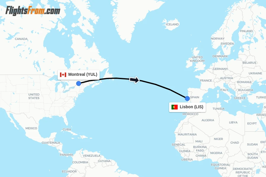 Flights from Montreal to Lisbon route map