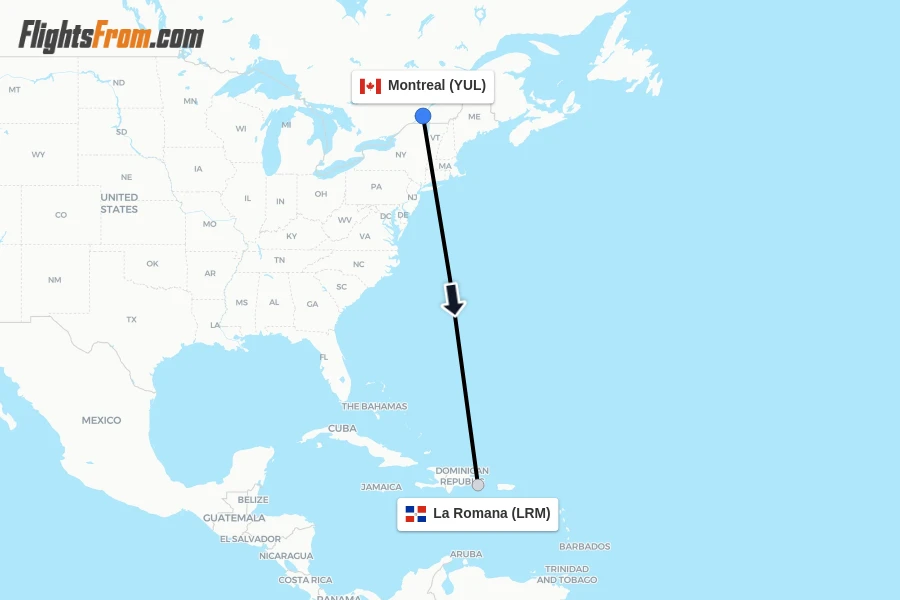 Flights from Montreal to La Romana route map