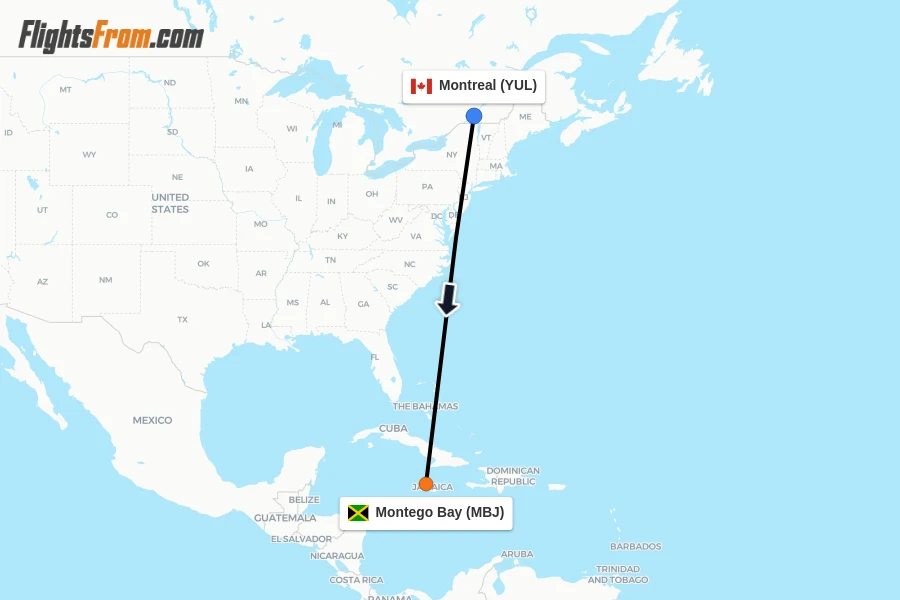 Flights from Montreal to Montego Bay route map
