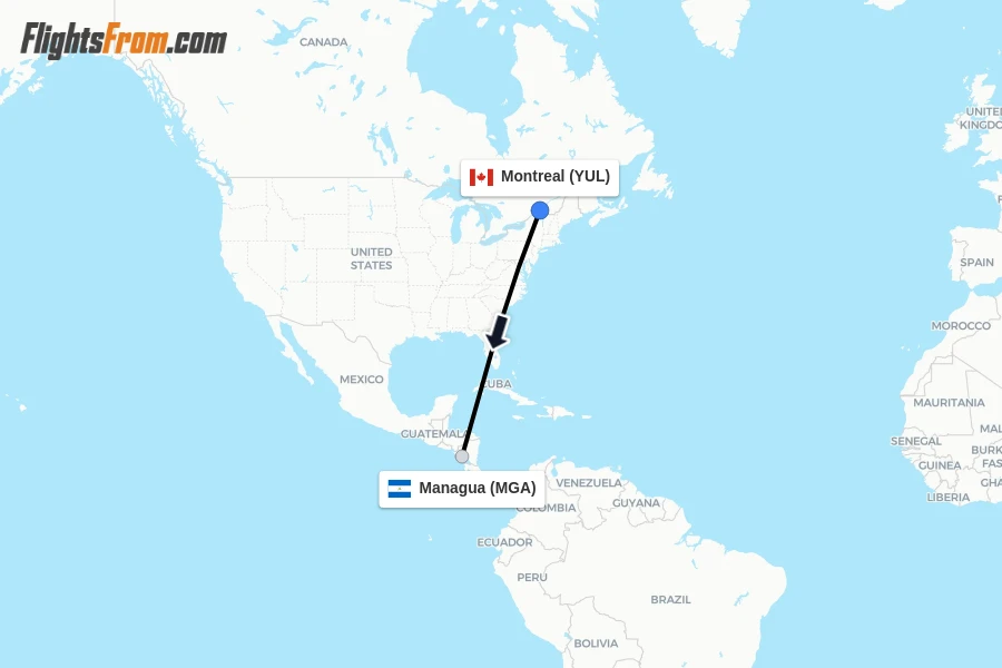 Flights from Montreal to Managua route map