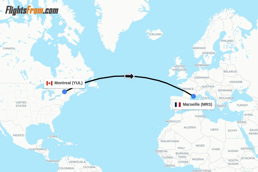 Flights from Montreal to Marseille route map