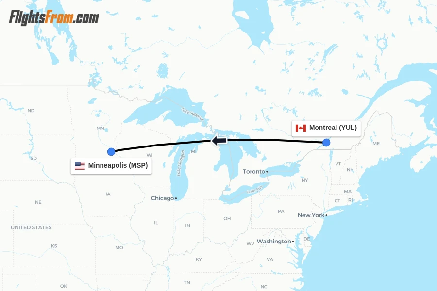 Flights from Montreal to Minneapolis route map