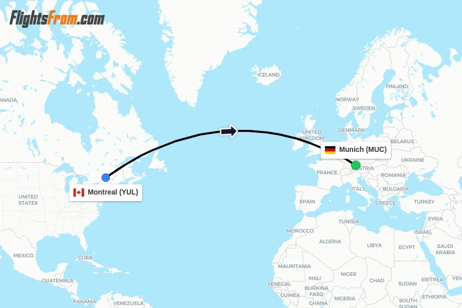 Flights from Montreal to Munich route map