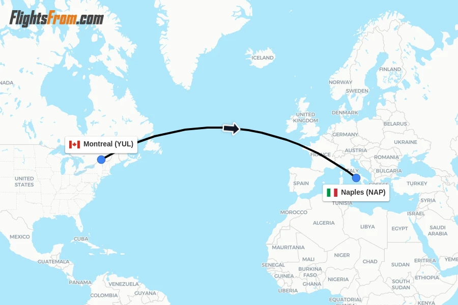 Flights from Montreal to Naples route map