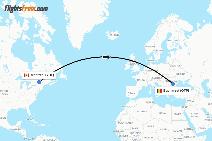 Flights from Montreal to Bucharest route map