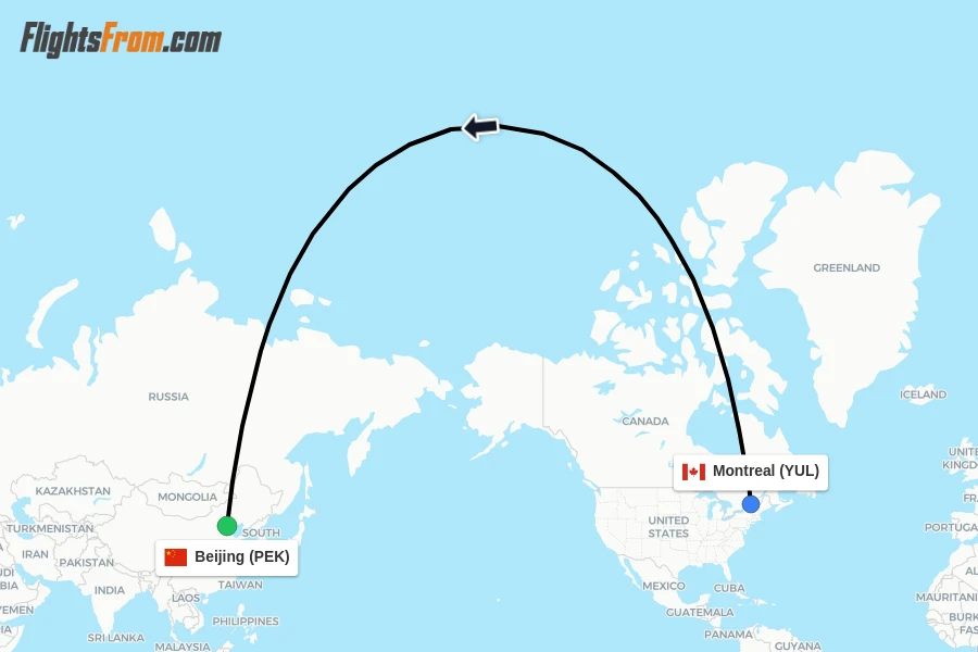 Flights from Montreal to Beijing route map