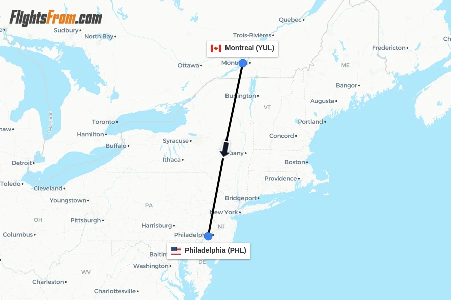 Flights from Montreal to Philadelphia route map