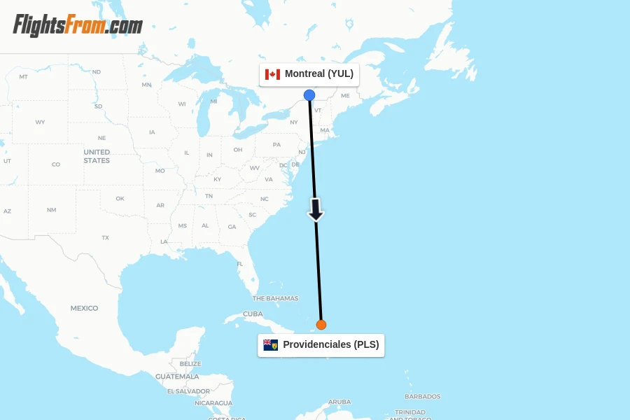 Flights from Montreal to Providenciales route map