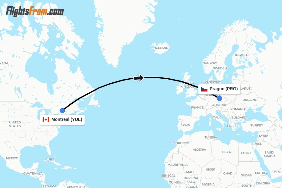 Flights from Montreal to Prague route map