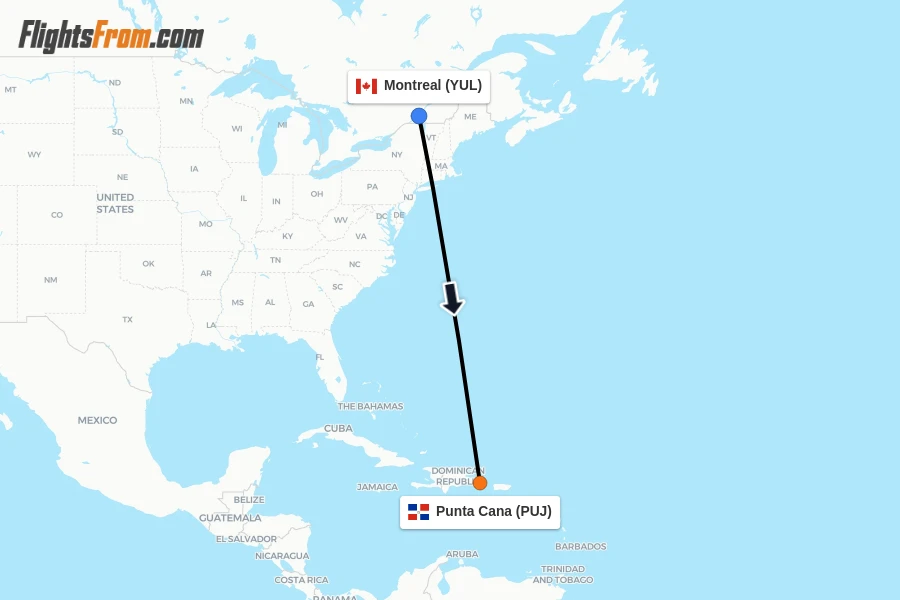 Flights from Montreal to Punta Cana route map