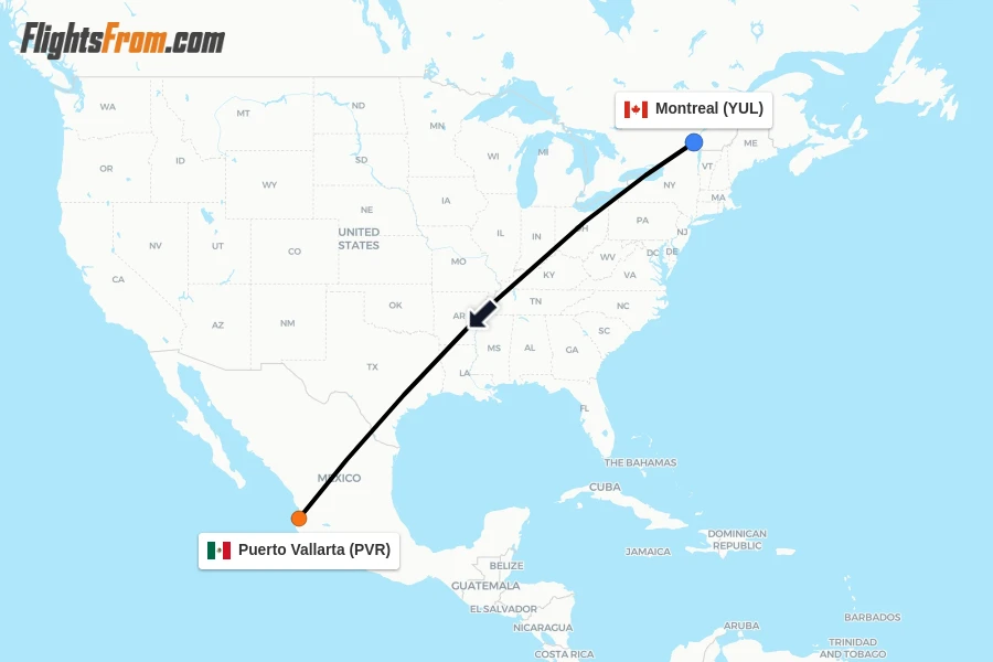 Flights from Montreal to Puerto Vallarta route map