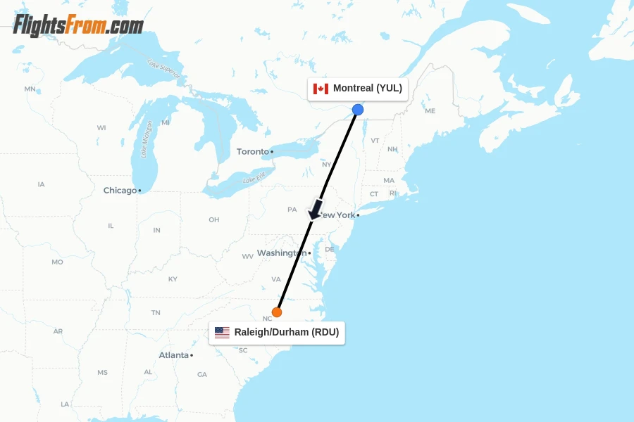 Flights from Montreal to Raleigh/Durham route map