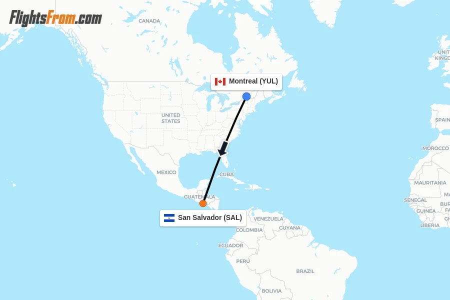 Flights from Montreal to San Salvador route map