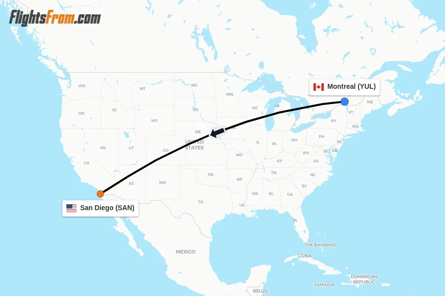 Flights from Montreal to San Diego route map