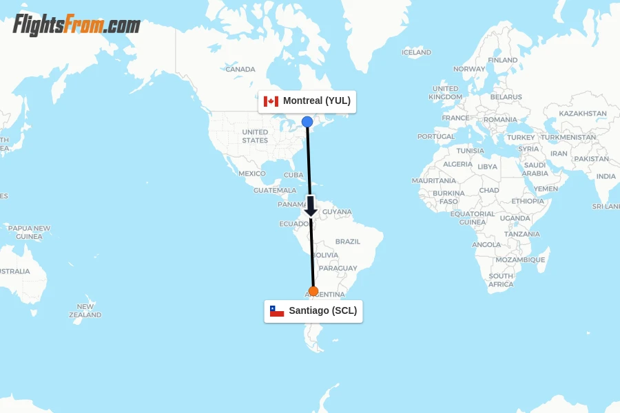Flights from Montreal to Santiago route map