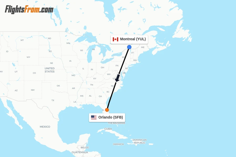 Flights from Montreal to Orlando route map