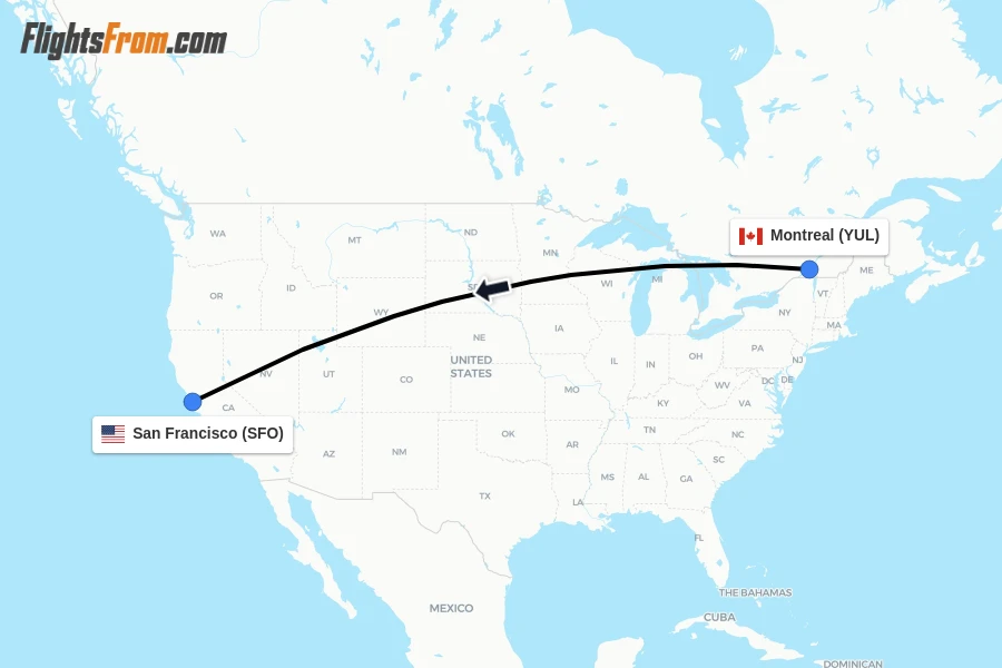 Flights from Montreal to San Francisco route map