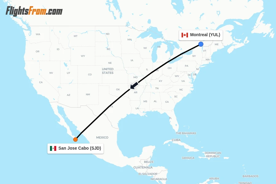 Flights from Montreal to San Jose Cabo route map