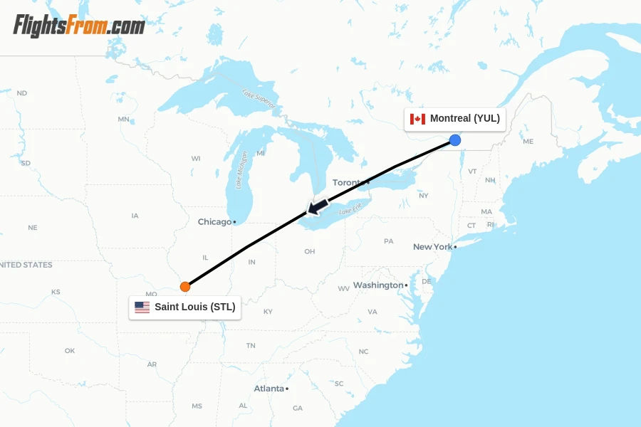 Flights from Montreal to Saint Louis route map