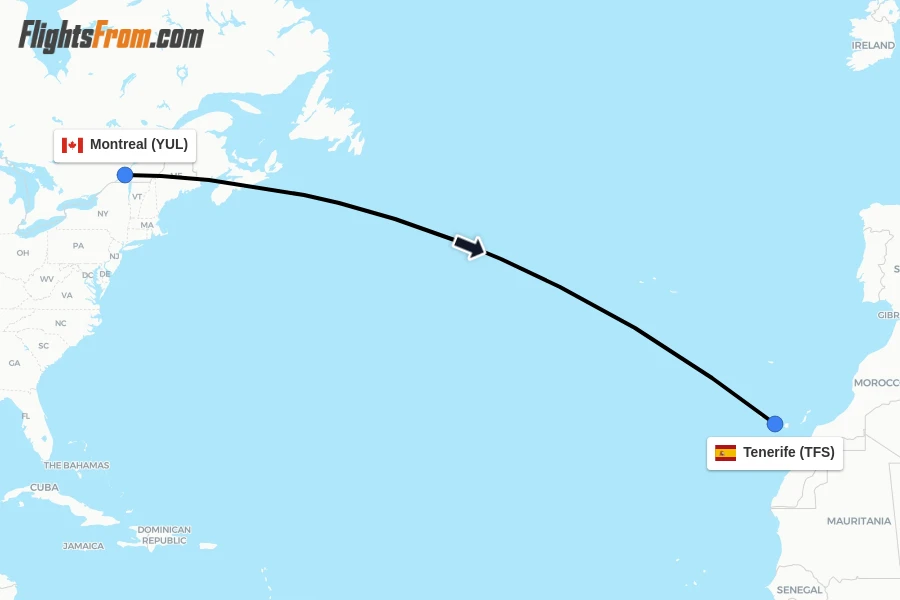 Flights from Montreal to Tenerife route map