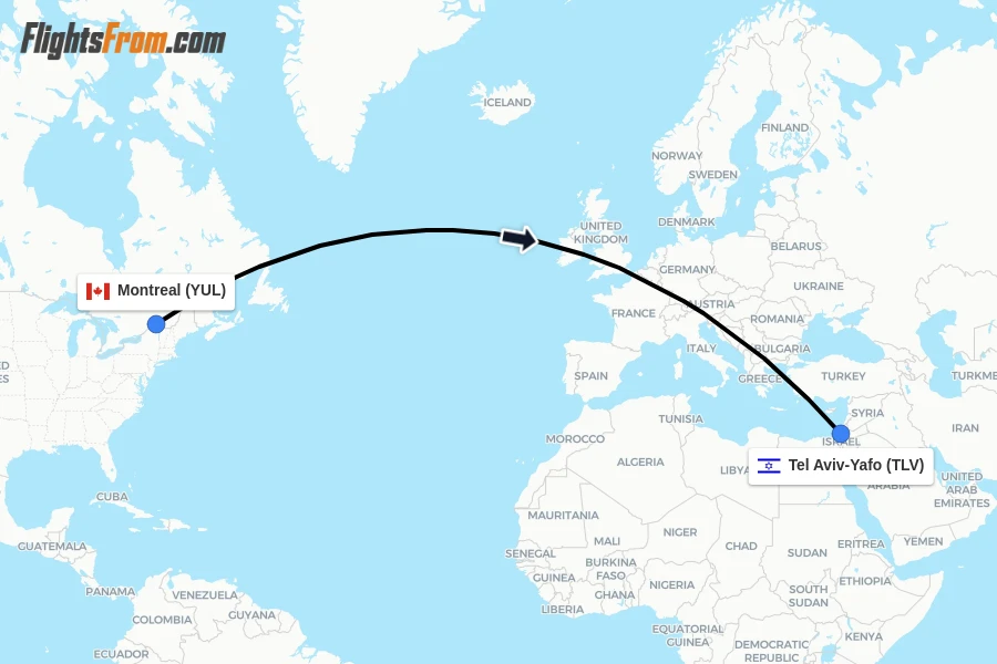Flights from Montreal to Tel Aviv-Yafo route map