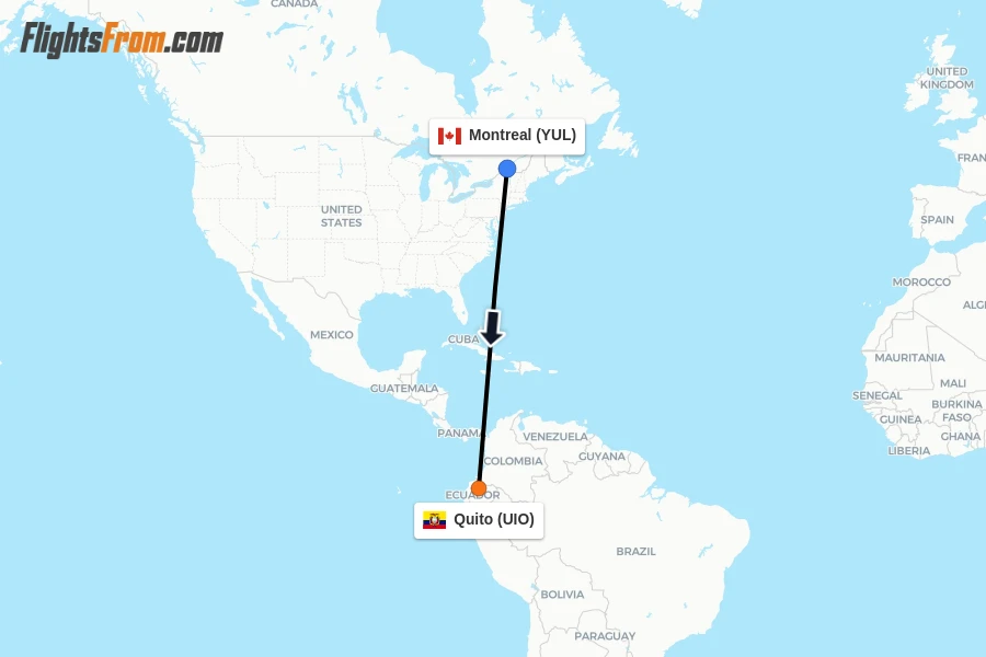 Flights from Montreal to Quito route map