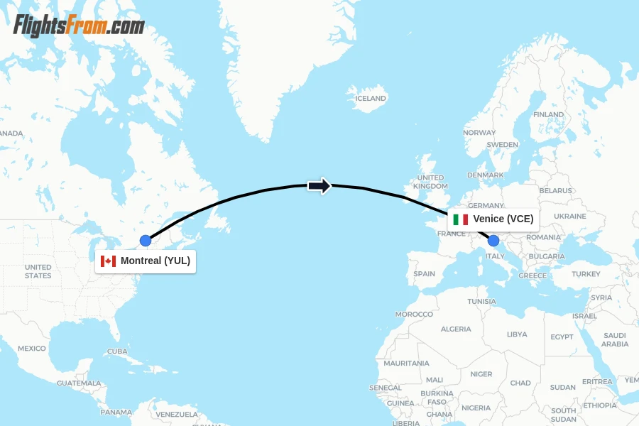 Flights from Montreal to Venice route map