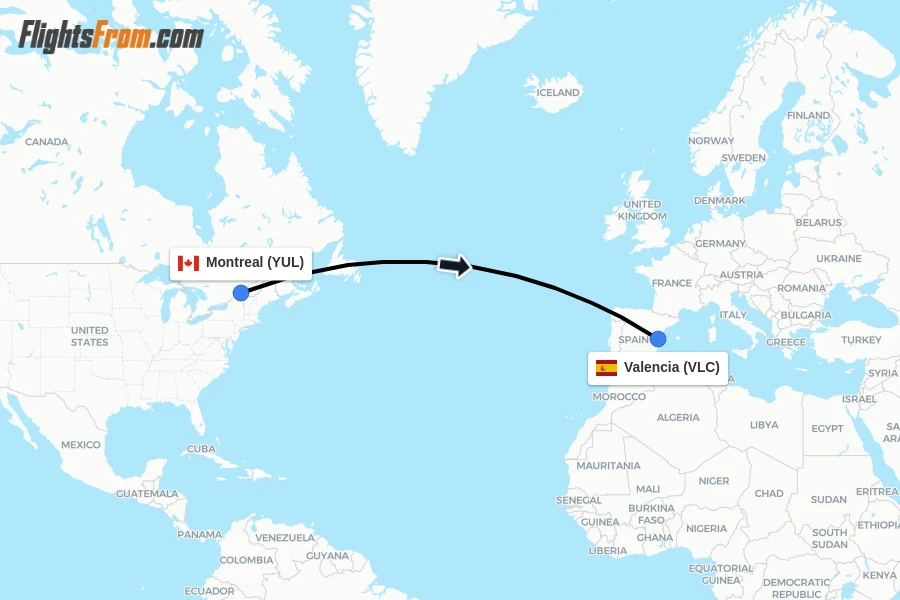 Flights from Montreal to Valencia route map