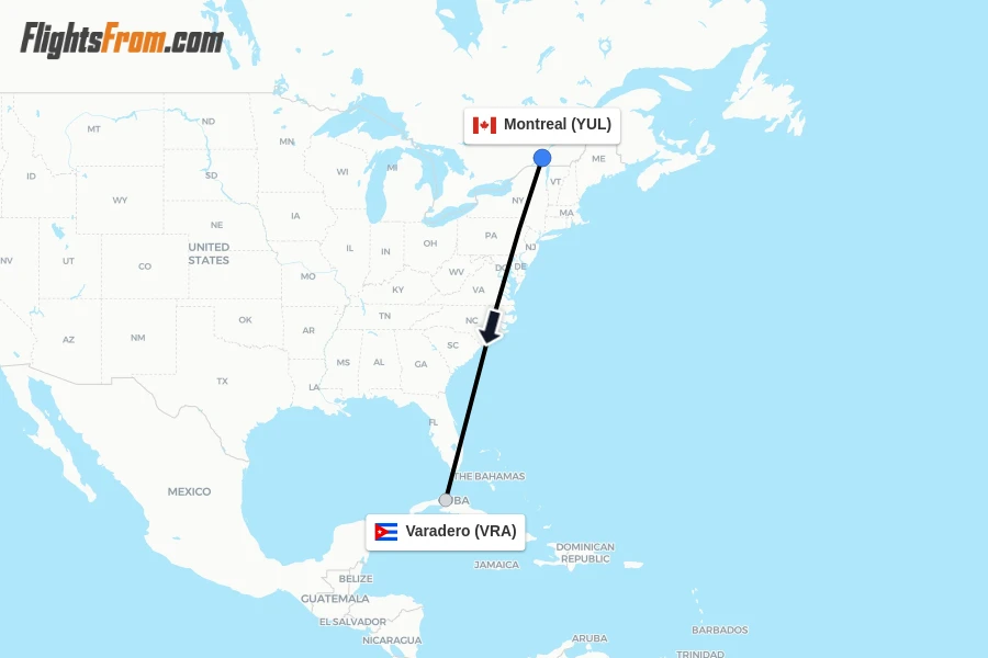 Flights from Montreal to Varadero route map