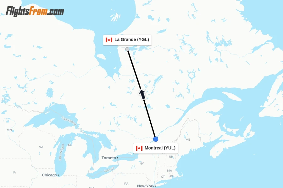 Flights from Montreal to La Grande route map